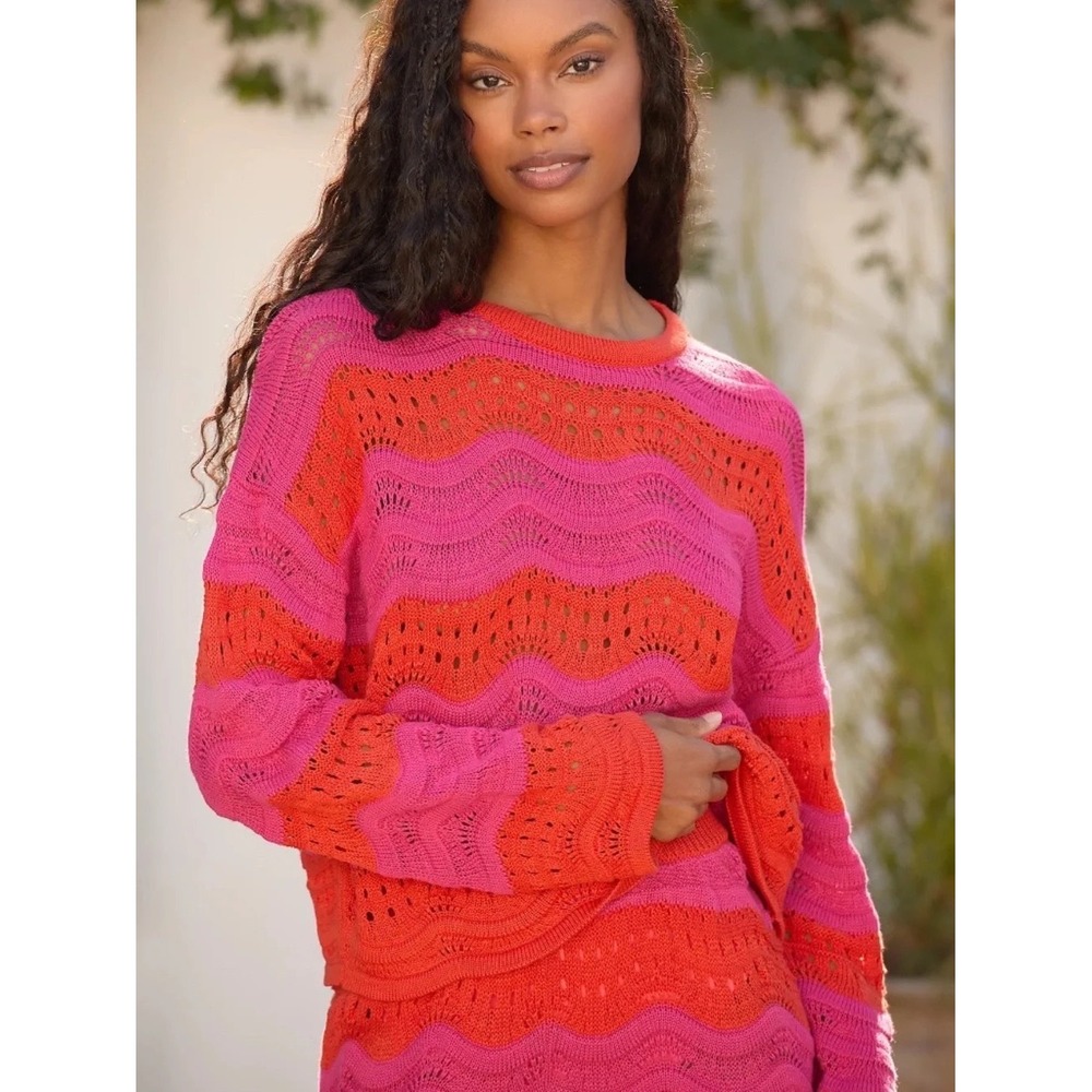 NWT Anthropologie Pink and Orange Wavy Pointelle Knit Cropped Sweater | Size XXS